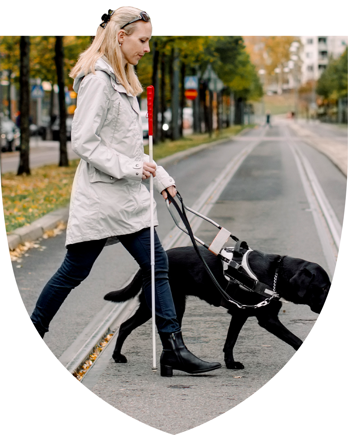 Woman walking across the street with her assistance dog