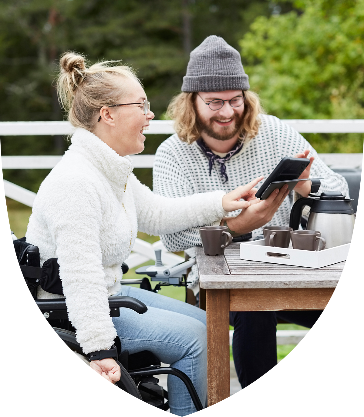 A couple talking at a table