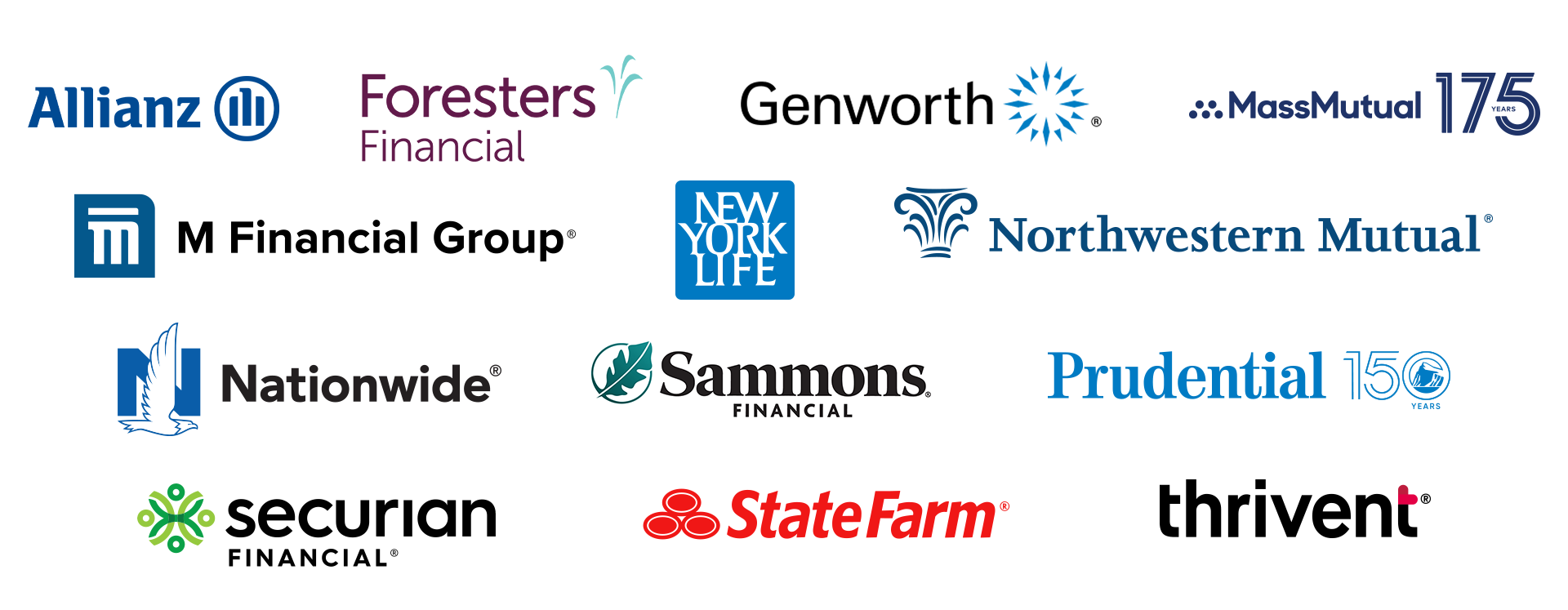Allianz, Foresters Financial, Genworth, MassMutual, M Financial Group, New York Life, Northwestern Mutual, Nationwide, Sammons Financial, Prudential, Securian, State Farm, Thrivent logos
