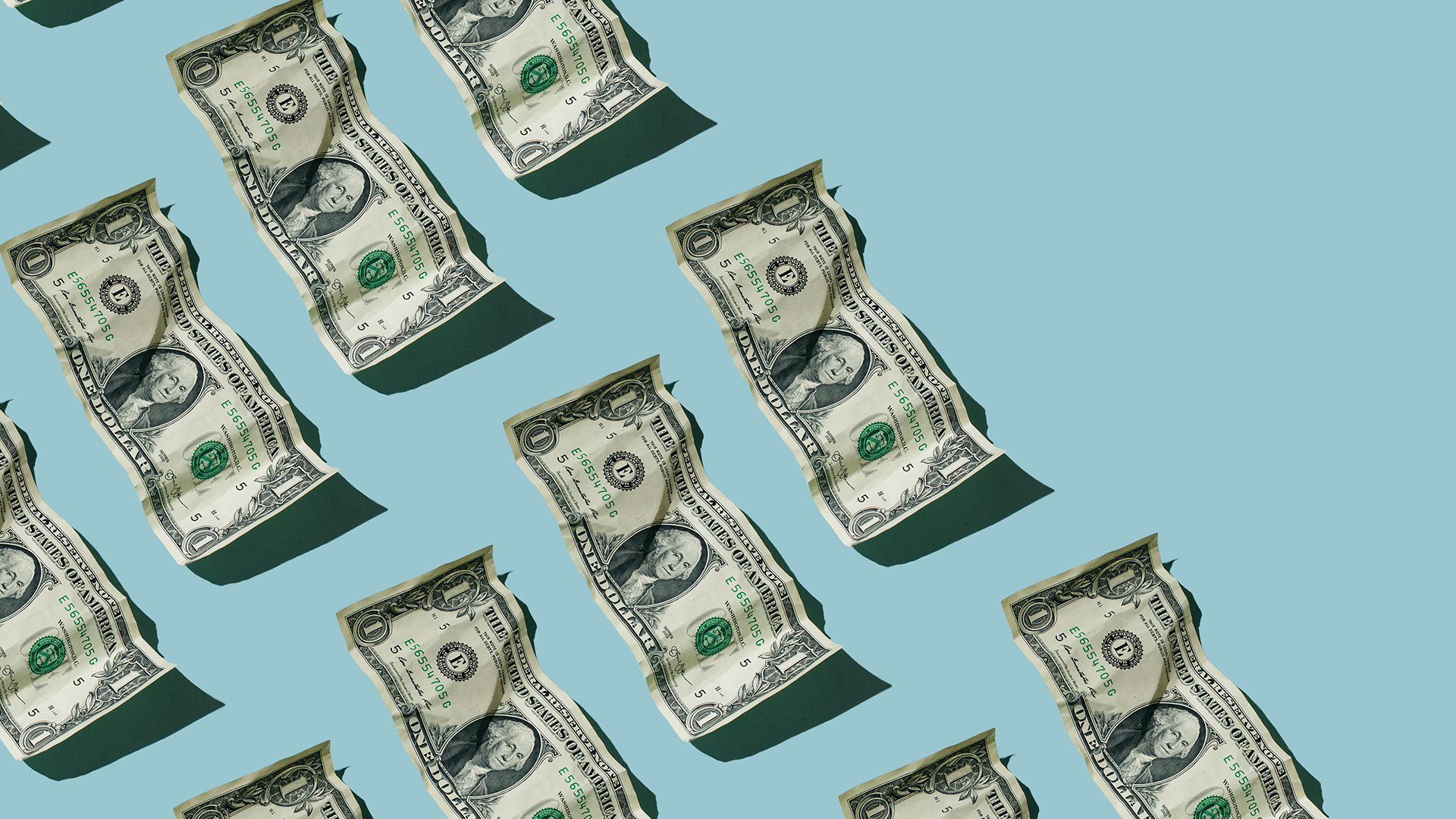 Photo of wrinkled dollar bills lined up in rows