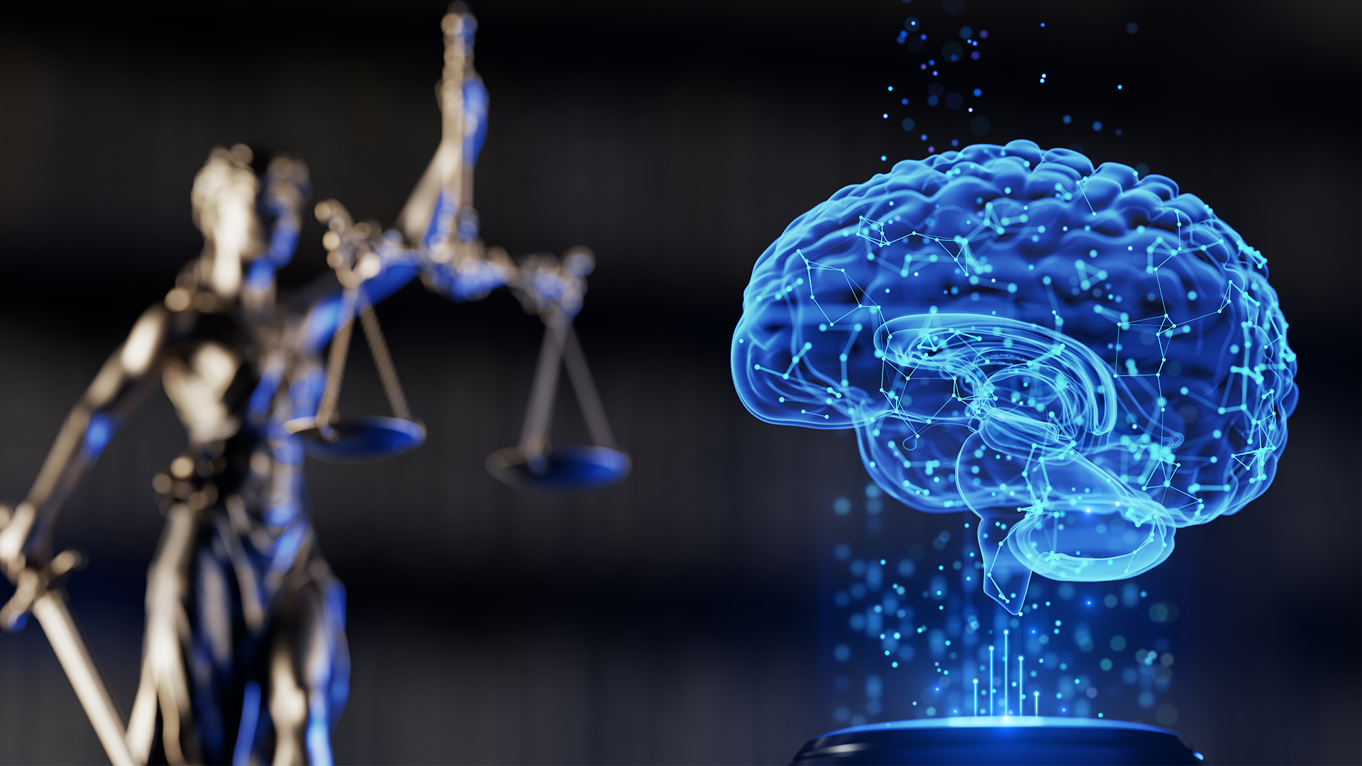 Hologram of a human brain and lady justice