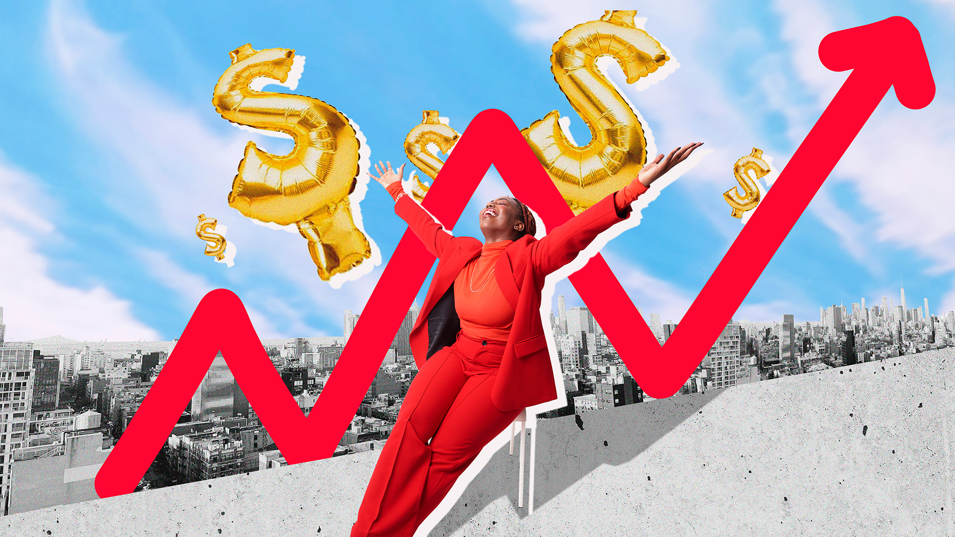 Woman sitting on a rooftop with money signs around her
