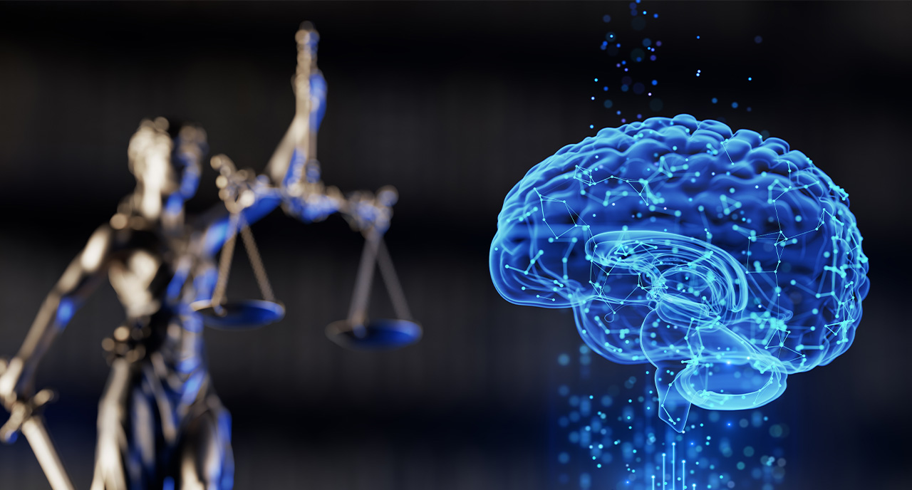 Hologram of a human brain and lady justice