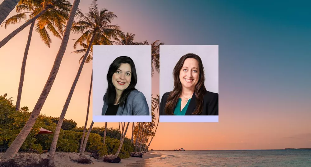 Photos of Kaylee Ranck and Joellen Meckley against a beach sunset background