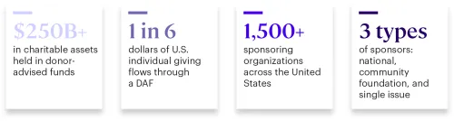 $250B+ in charitable assets held in donor-advised funds, 1 in 6 dollars of U.S. individual giving flows through a DAF, 1,500+ sponsoring organizations across the United States, 3 types of sponsors: national, community foundation, and single issue
