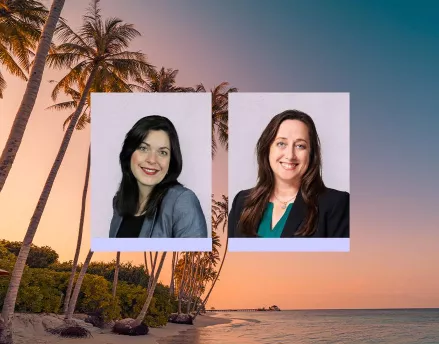 Photos of Kaylee Ranck and Joellen Meckley against a beach sunset background