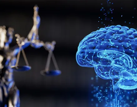 Hologram of a human brain and lady justice